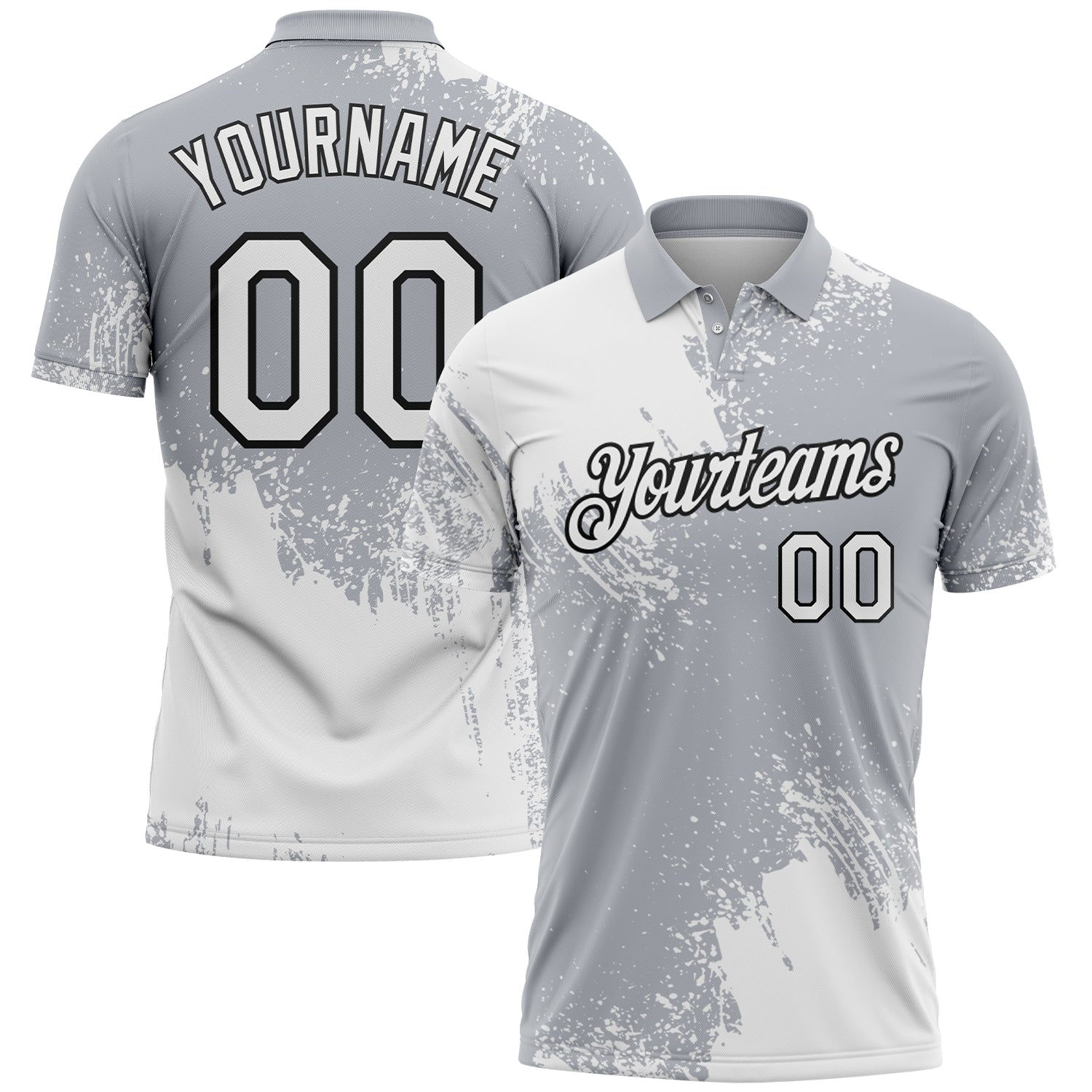 Custom White Gray-Black 3D Pattern Design Abstract Brush Stroke Performance Polo Shirt