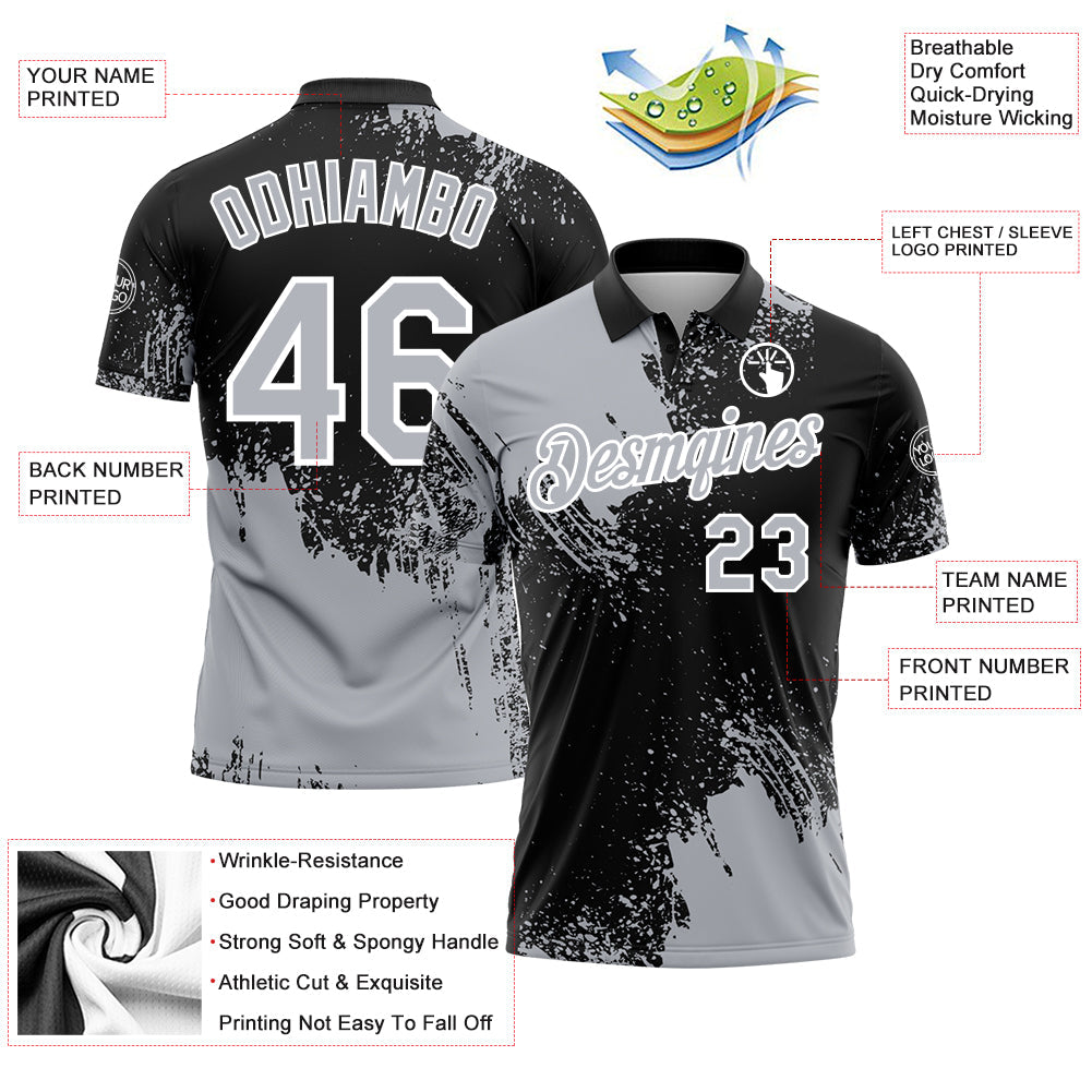 Custom Gray Black-White 3D Pattern Design Abstract Brush Stroke Performance Polo Shirt