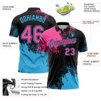 Custom Pink Black-Sky Blue 3D Pattern Design Abstract Brush Stroke Performance Polo Shirt