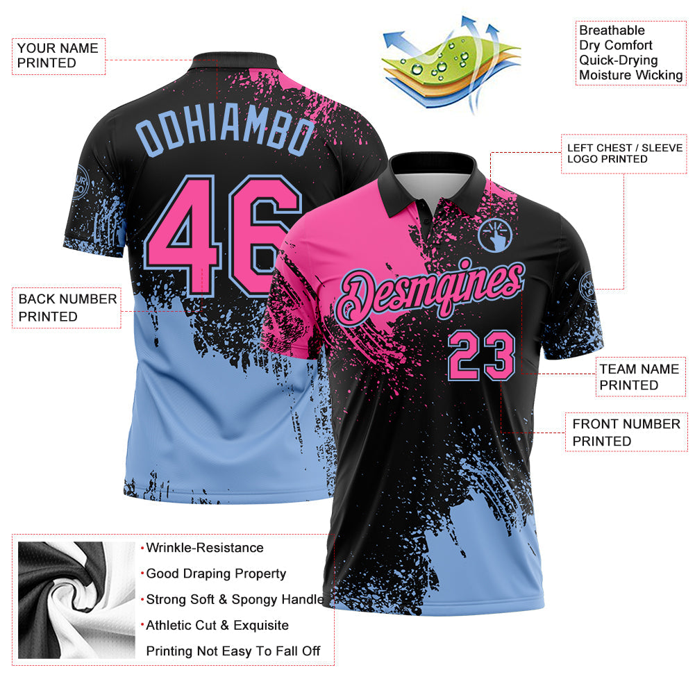 Custom Pink Black-Light Blue 3D Pattern Design Abstract Brush Stroke Performance Polo Shirt