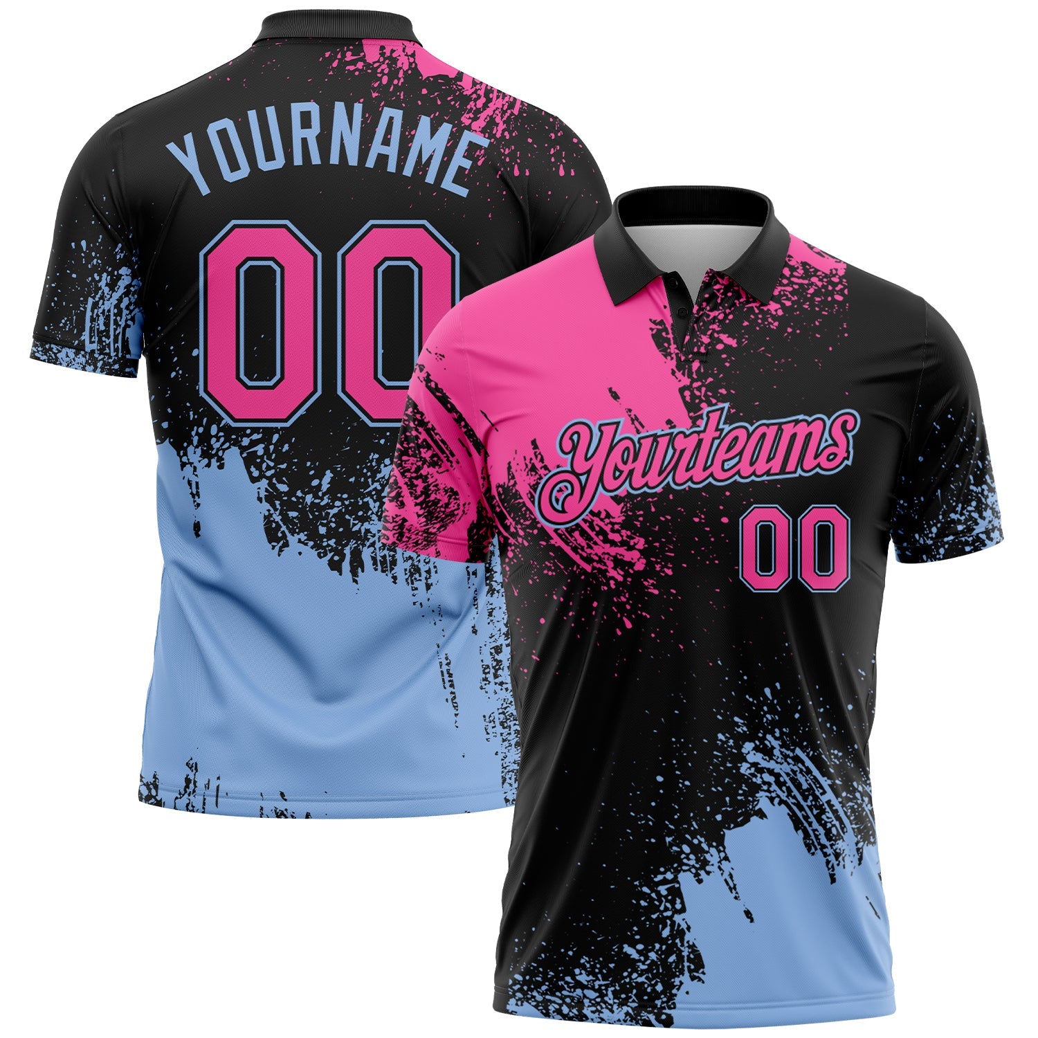 Custom Pink Black-Light Blue 3D Pattern Design Abstract Brush Stroke Performance Polo Shirt