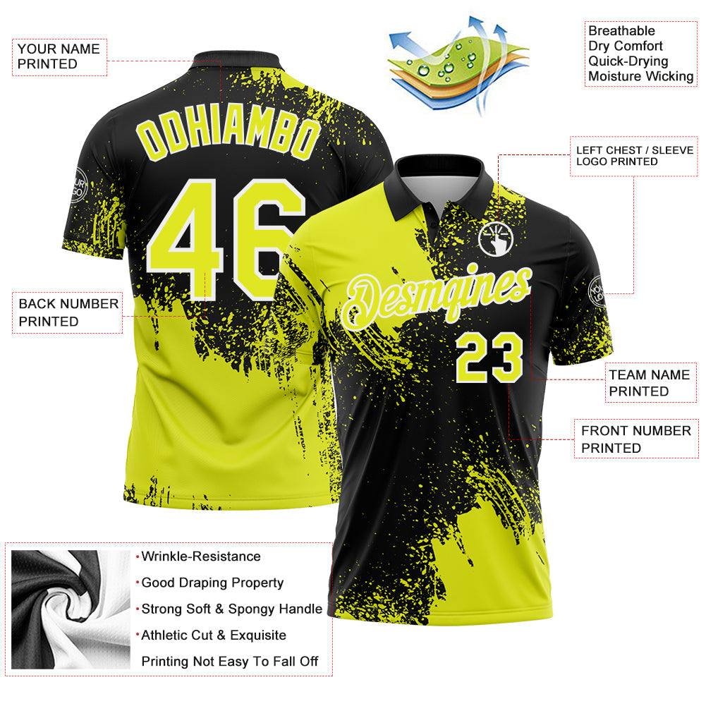 Custom Neon Yellow Black-White 3D Pattern Design Abstract Brush Stroke Performance Polo Shirt