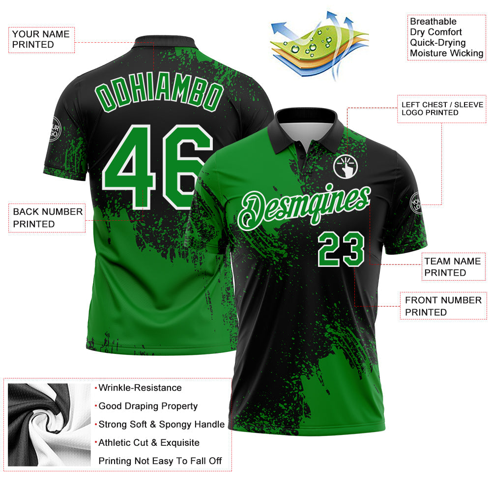 Custom Grass Green Black-White 3D Pattern Design Abstract Brush Stroke Performance Polo Shirt