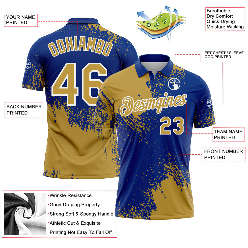 Custom Old Gold Royal-White 3D Pattern Design Abstract Brush Stroke Performance Polo Shirt