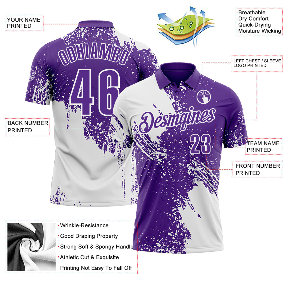 Custom White Purple 3D Pattern Design Abstract Brush Stroke Performance Polo Shirt
