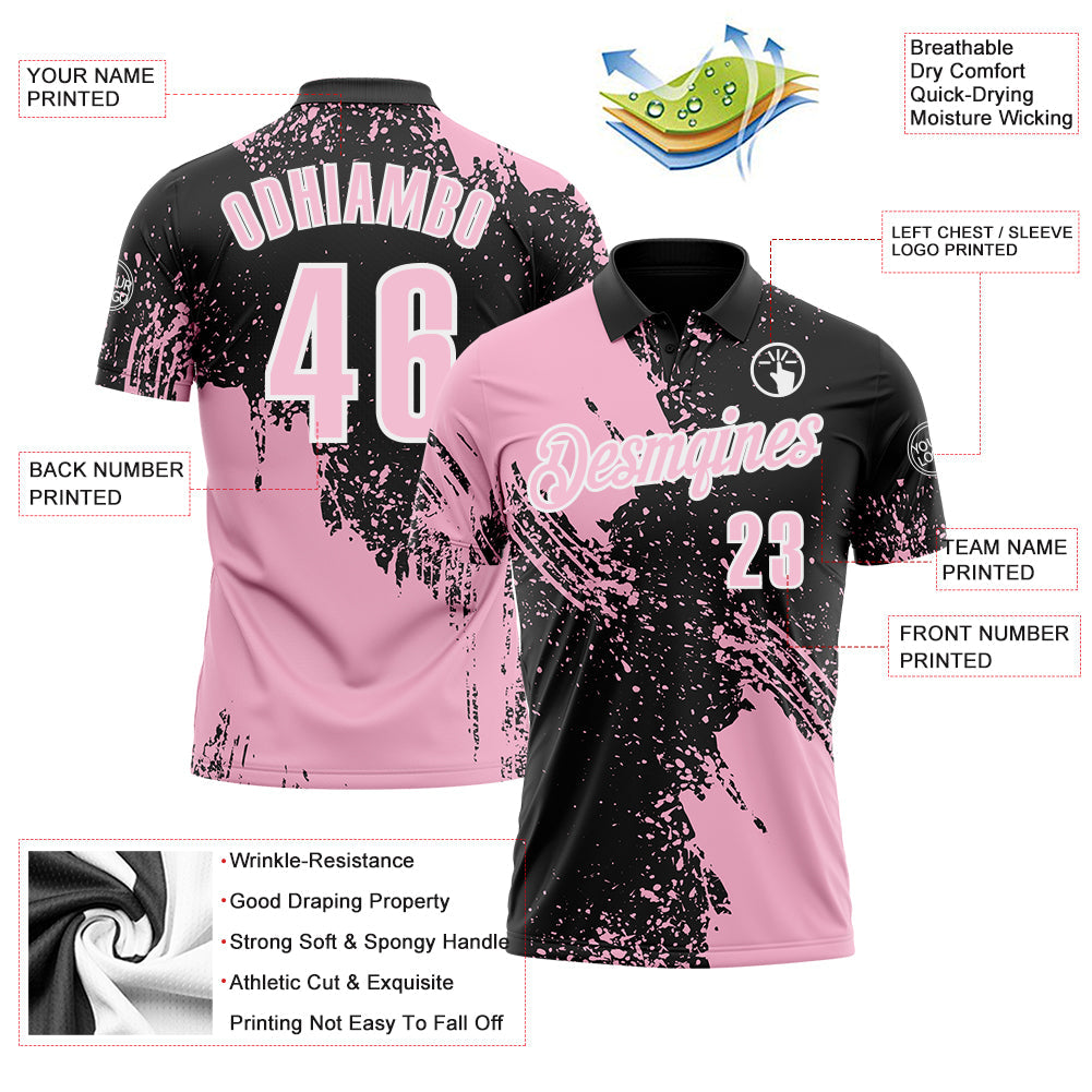 Custom Light Pink Black-White 3D Pattern Design Abstract Brush Stroke Performance Polo Shirt