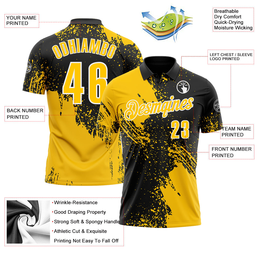 Custom Yellow Black-White 3D Pattern Design Abstract Brush Stroke Performance Polo Shirt