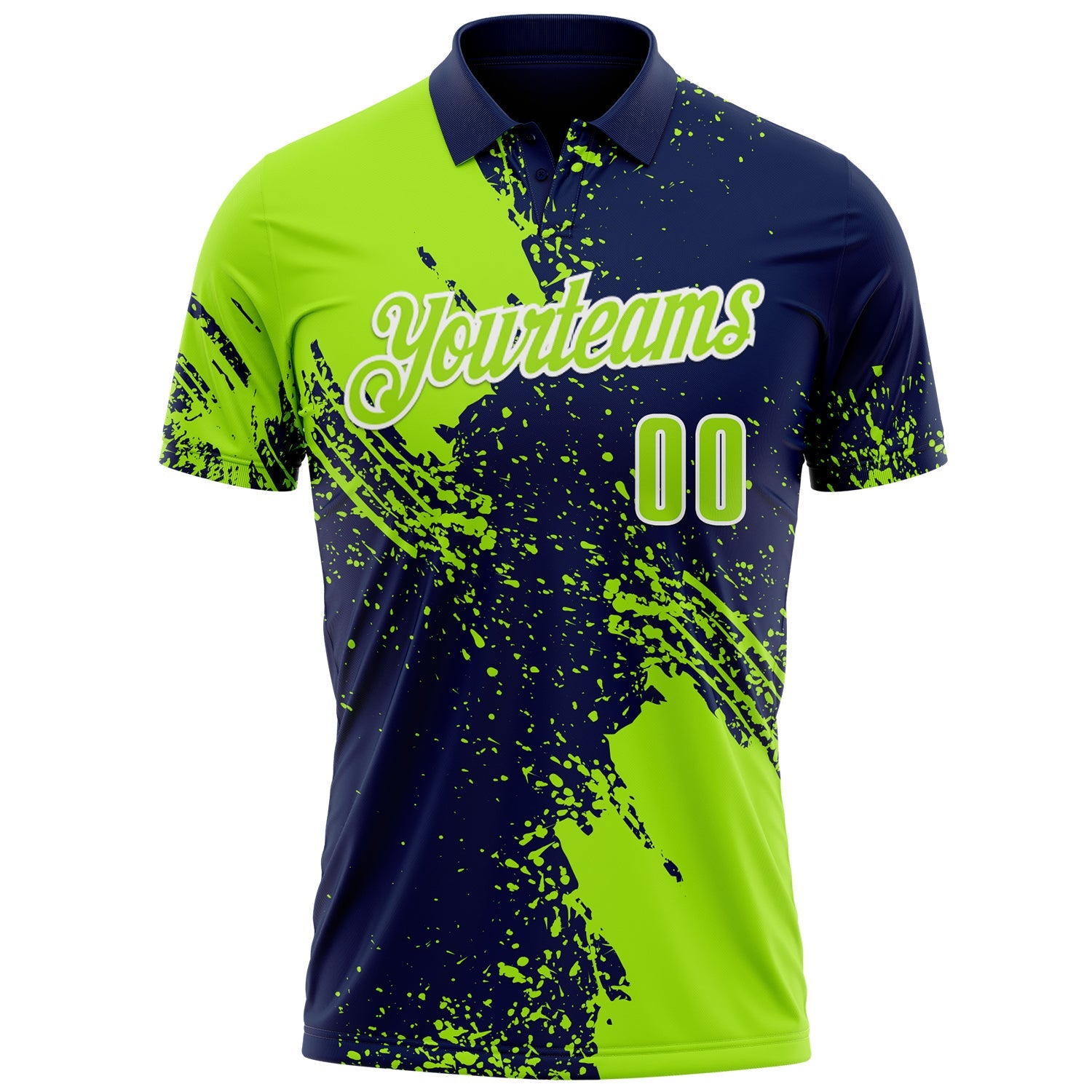 Custom Neon Green Navy-White 3D Pattern Design Abstract Brush Stroke Performance Polo Shirt
