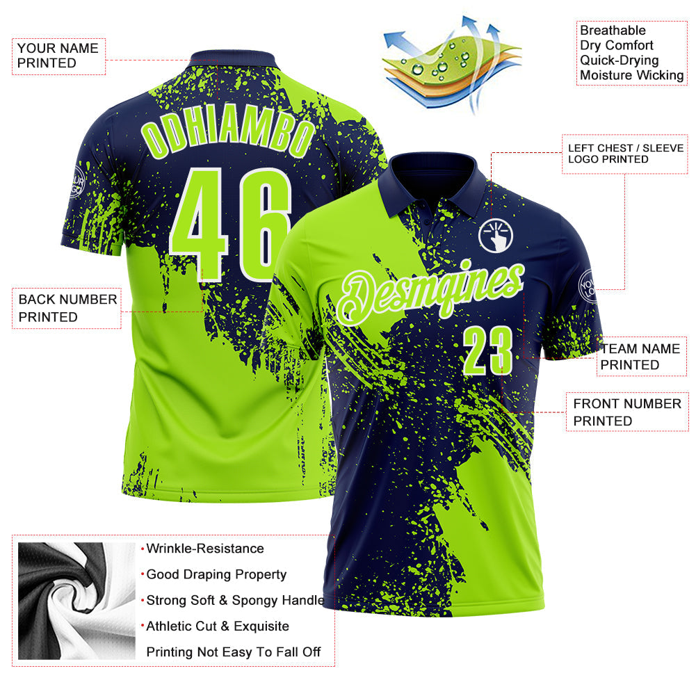 Custom Neon Green Navy-White 3D Pattern Design Abstract Brush Stroke Performance Polo Shirt