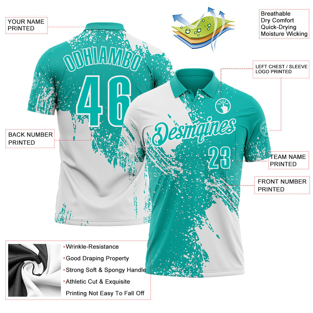 Custom White Aqua 3D Pattern Design Abstract Brush Stroke Performance Polo Shirt