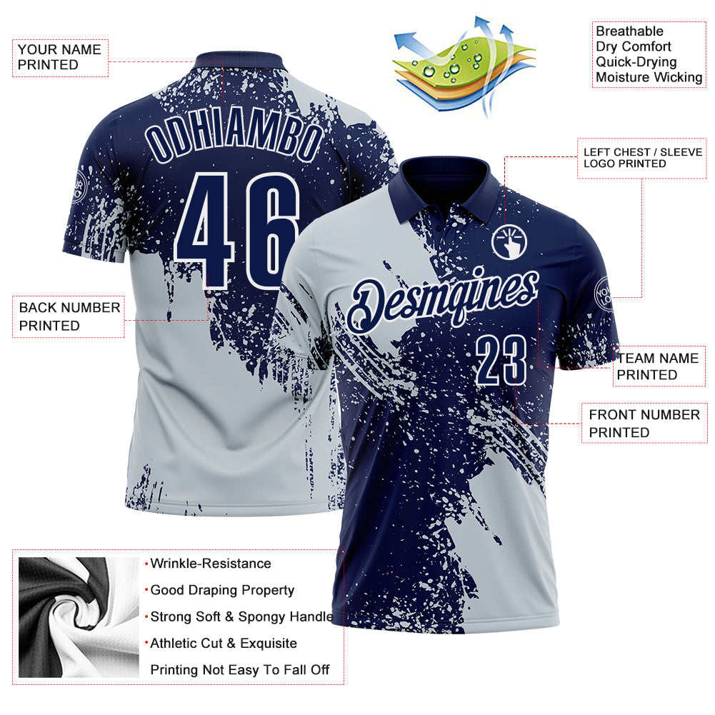 Custom Silver Navy-White 3D Pattern Design Abstract Brush Stroke Performance Polo Shirt