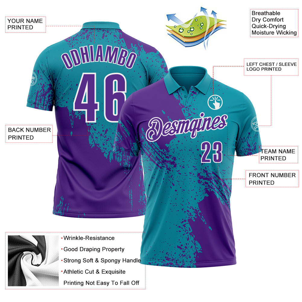 Custom Purple Teal-White 3D Pattern Design Abstract Brush Stroke Performance Polo Shirt