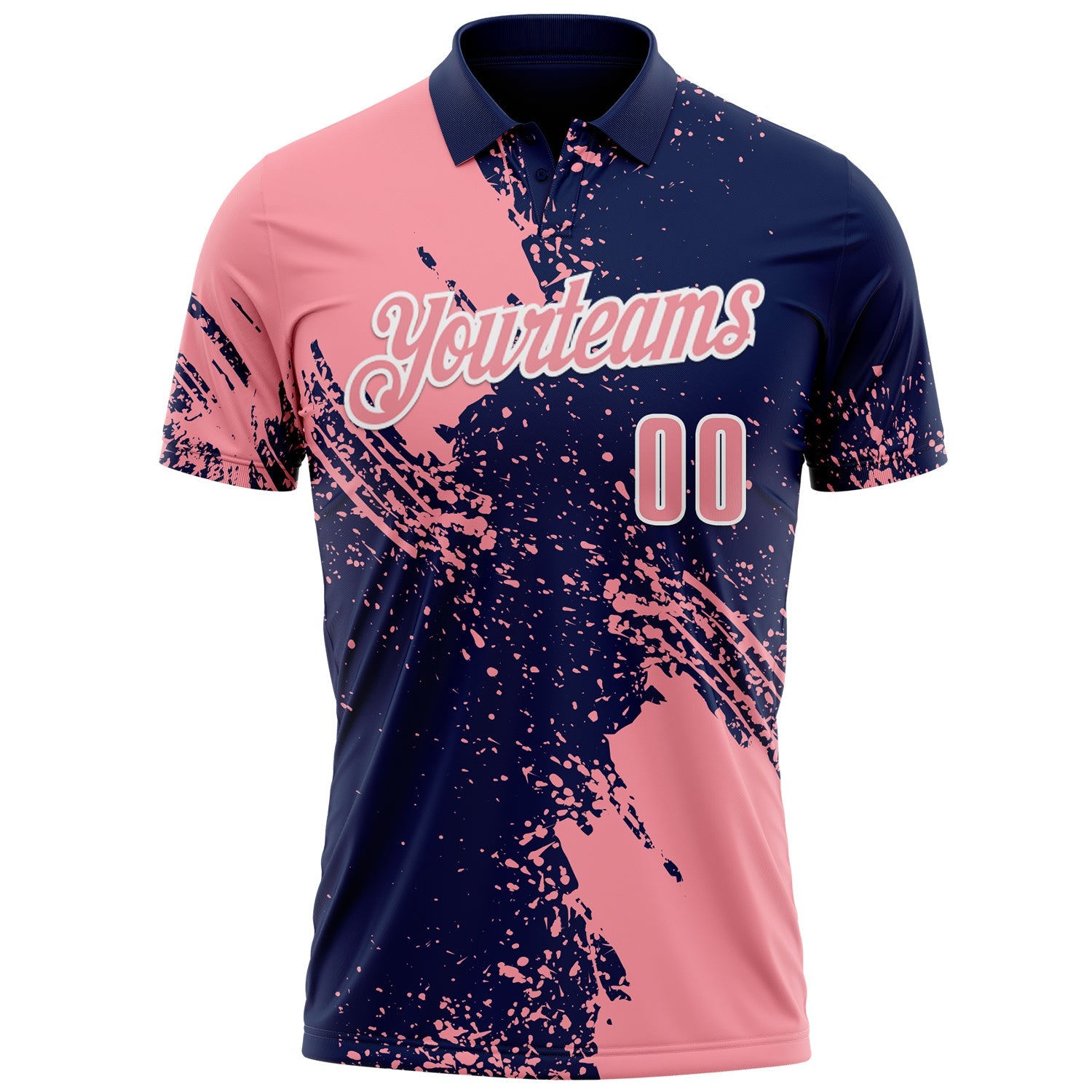 Custom Medium Pink Navy-White 3D Pattern Design Abstract Brush Stroke Performance Polo Shirt