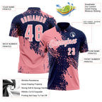 Custom Medium Pink Navy-White 3D Pattern Design Abstract Brush Stroke Performance Polo Shirt