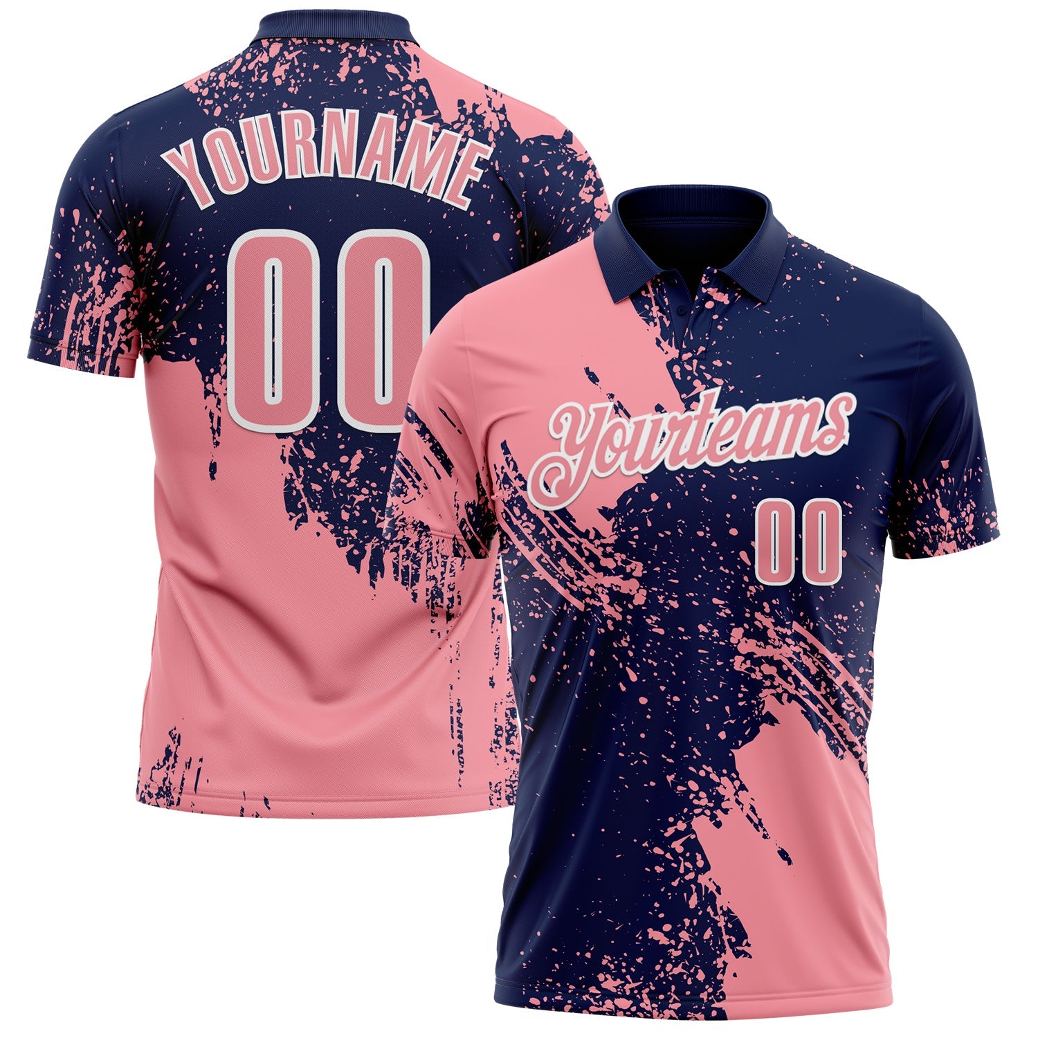 Custom Medium Pink Navy-White 3D Pattern Design Abstract Brush Stroke Performance Polo Shirt