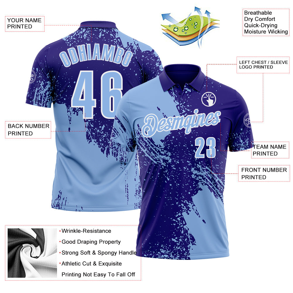 Custom Light Blue Dark Purple-White 3D Pattern Design Abstract Brush Stroke Performance Polo Shirt