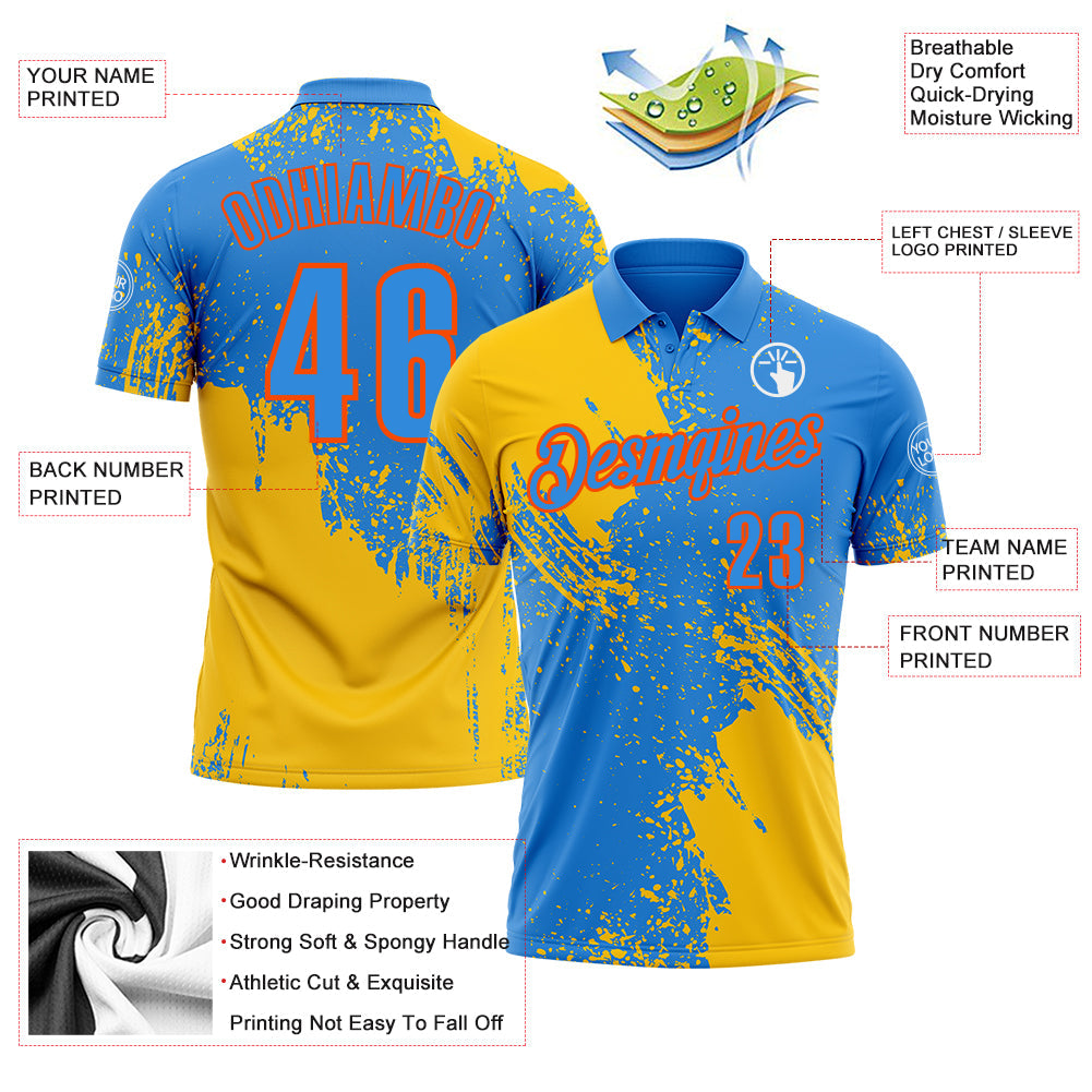 Custom Yellow Powder Blue-Orange 3D Pattern Design Abstract Brush Stroke Performance Polo Shirt