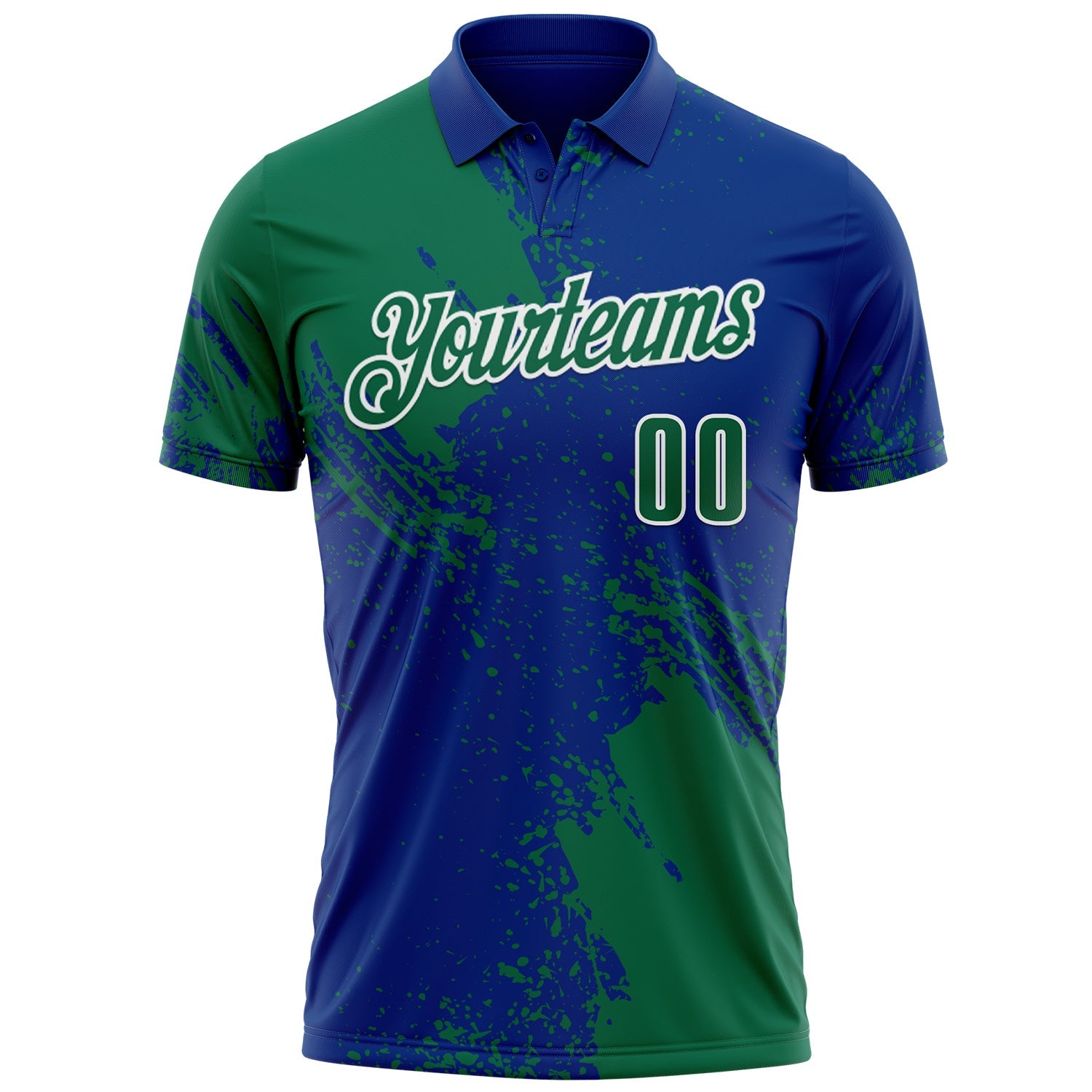 Custom Kelly Green Royal-White 3D Pattern Design Abstract Brush Stroke Performance Polo Shirt