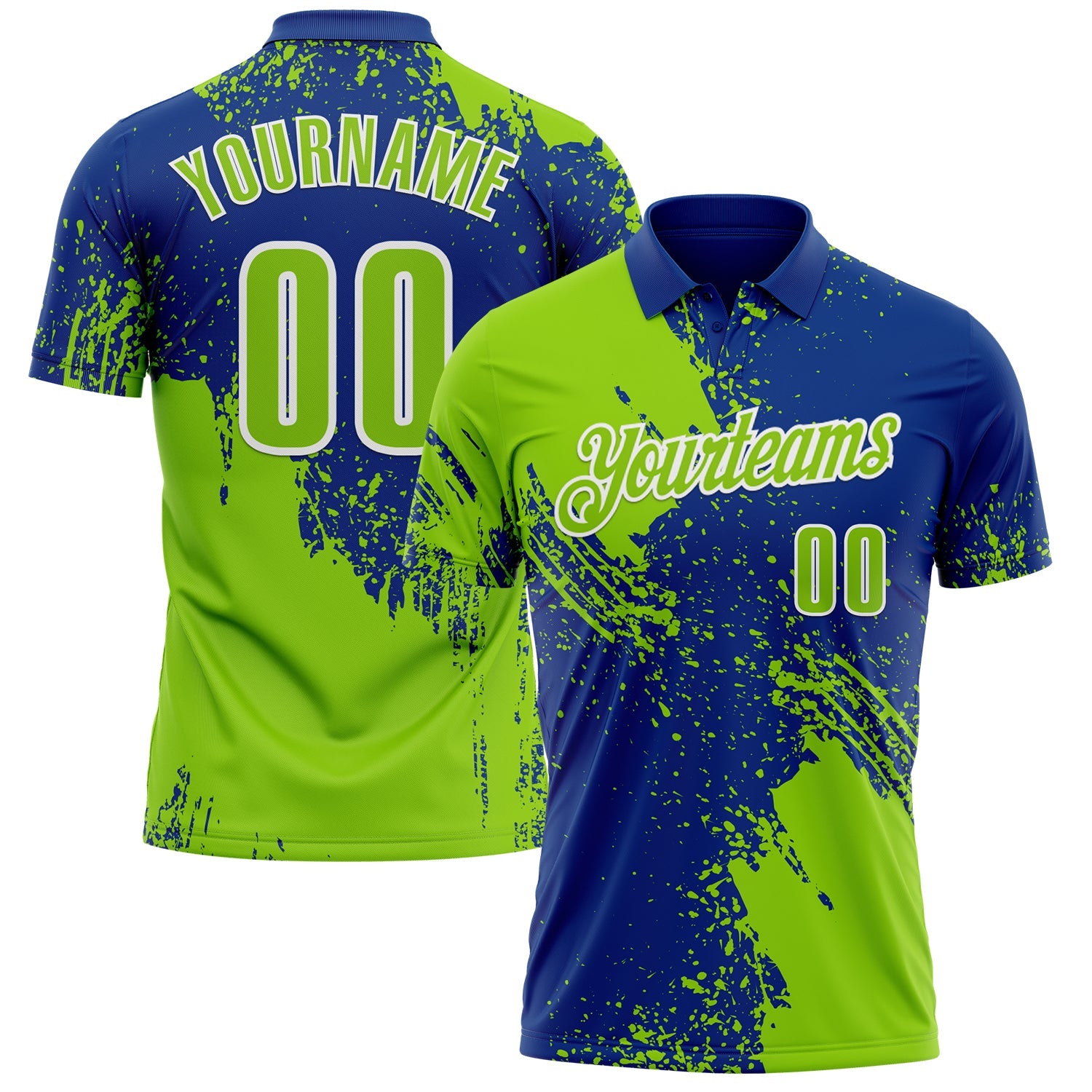 Custom Neon Green Royal-White 3D Pattern Design Abstract Brush Stroke Performance Polo Shirt