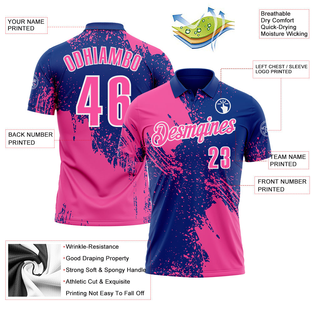 Custom Pink Royal-White 3D Pattern Design Abstract Brush Stroke Performance Polo Shirt