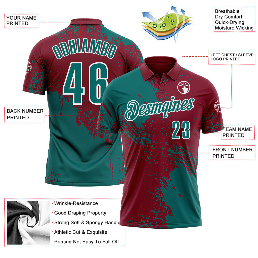 Custom Teal Crimson-White 3D Pattern Design Abstract Brush Stroke Performance Polo Shirt