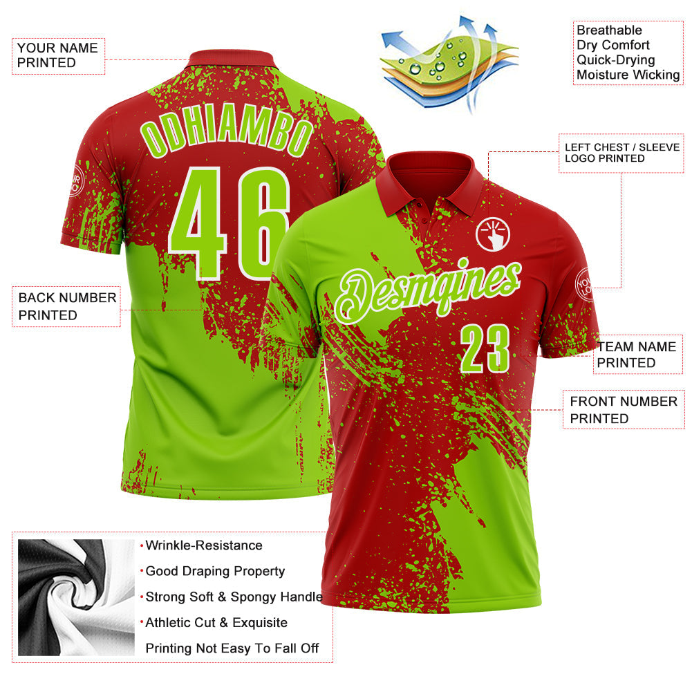 Custom Neon Green Red-White 3D Pattern Design Abstract Brush Stroke Performance Polo Shirt