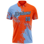 Custom Light Blue Orange-Black 3D Pattern Design Abstract Brush Stroke Performance Polo Shirt