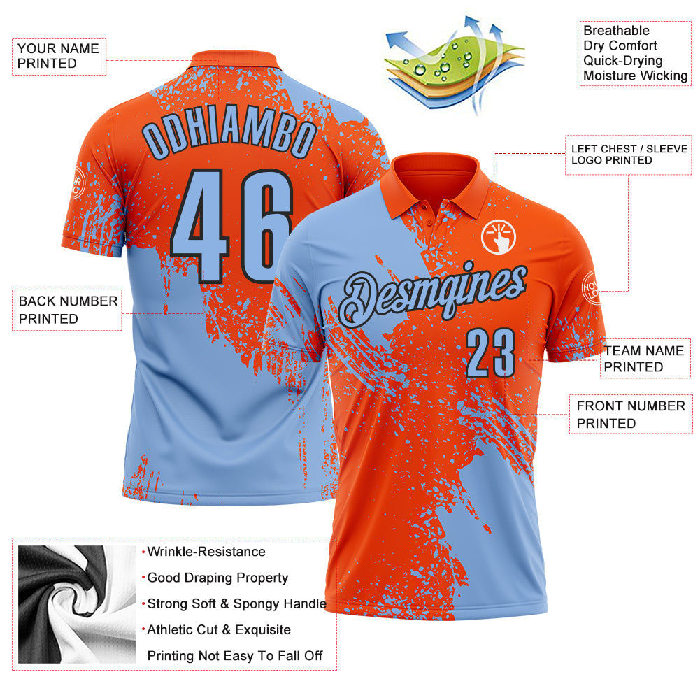 Custom Light Blue Orange-Black 3D Pattern Design Abstract Brush Stroke Performance Polo Shirt