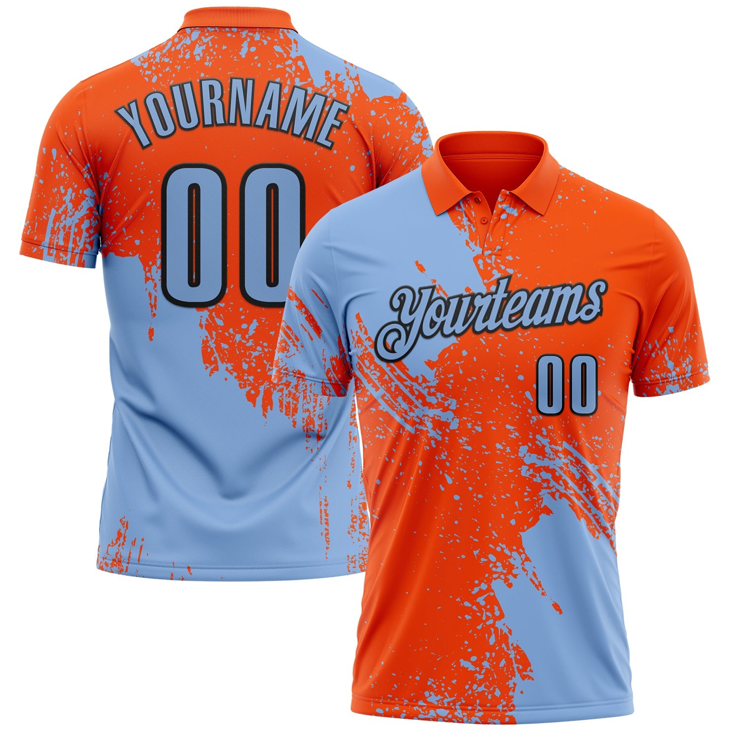 Custom Light Blue Orange-Black 3D Pattern Design Abstract Brush Stroke Performance Polo Shirt
