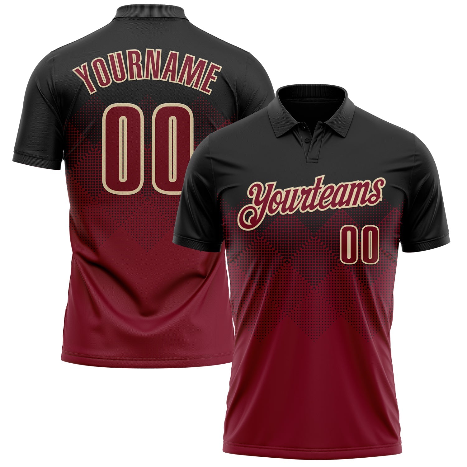 Custom Black Crimson-Cream 3D Gradient Square Shape Performance Polo Shirt