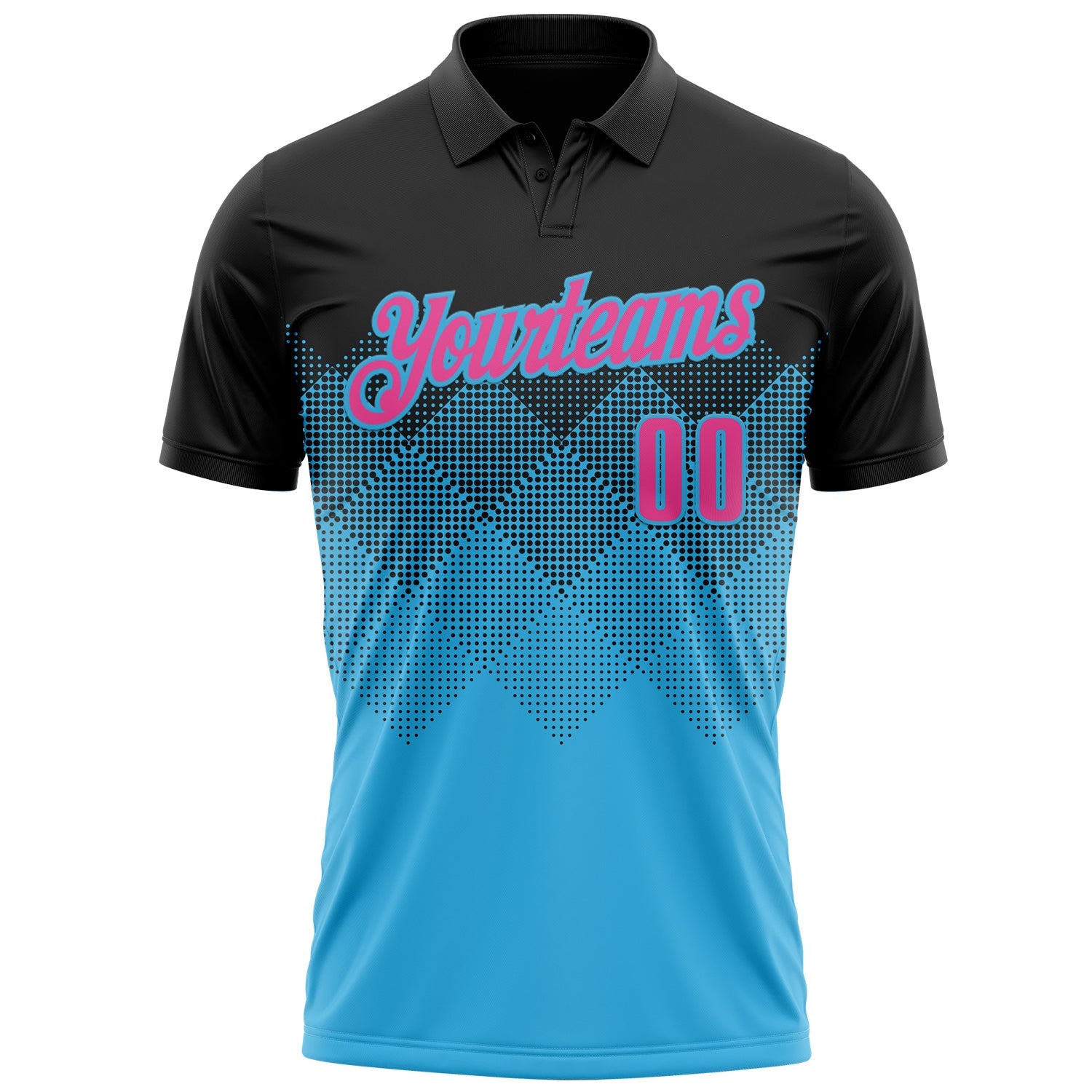 Custom Black Pink-Sky Blue 3D Gradient Square Shape Performance Polo Shirt