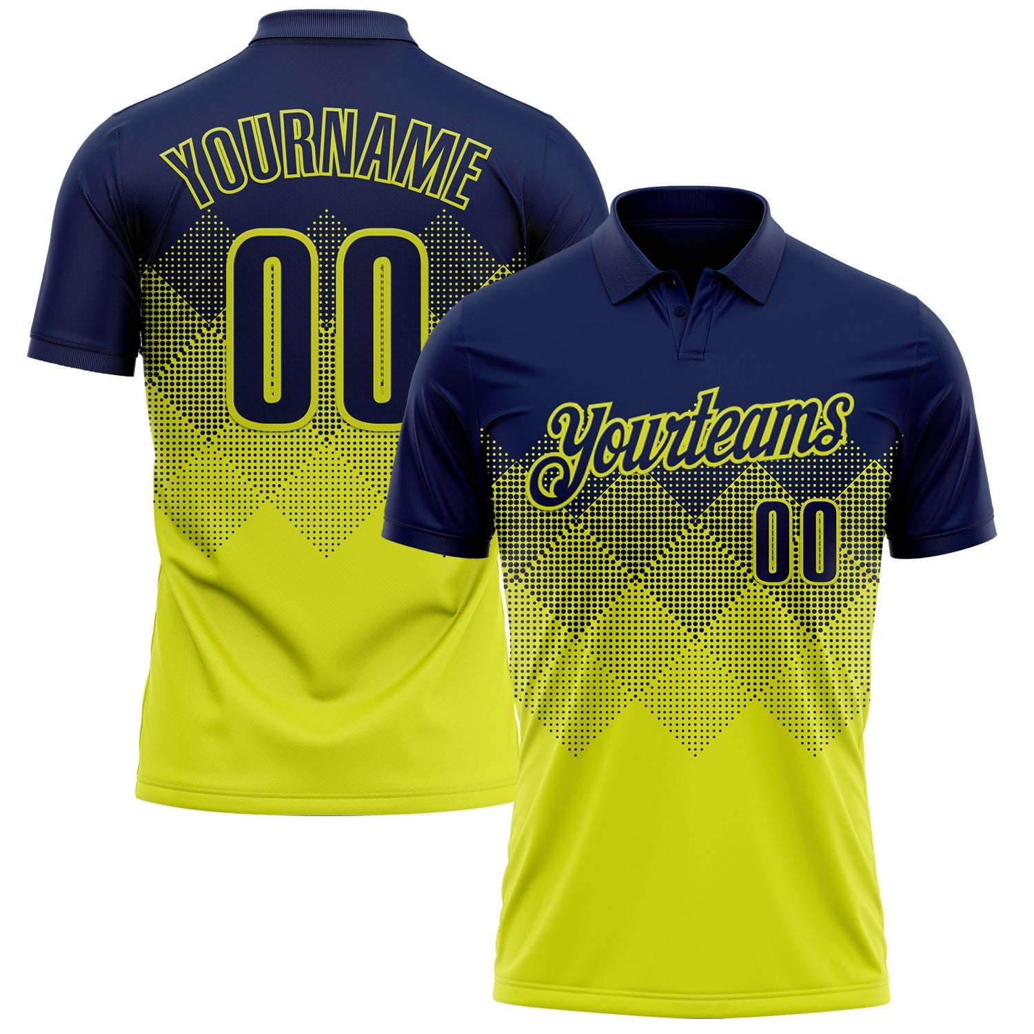 Custom Navy Neon Yellow 3D Gradient Square Shape Performance Polo Shirt