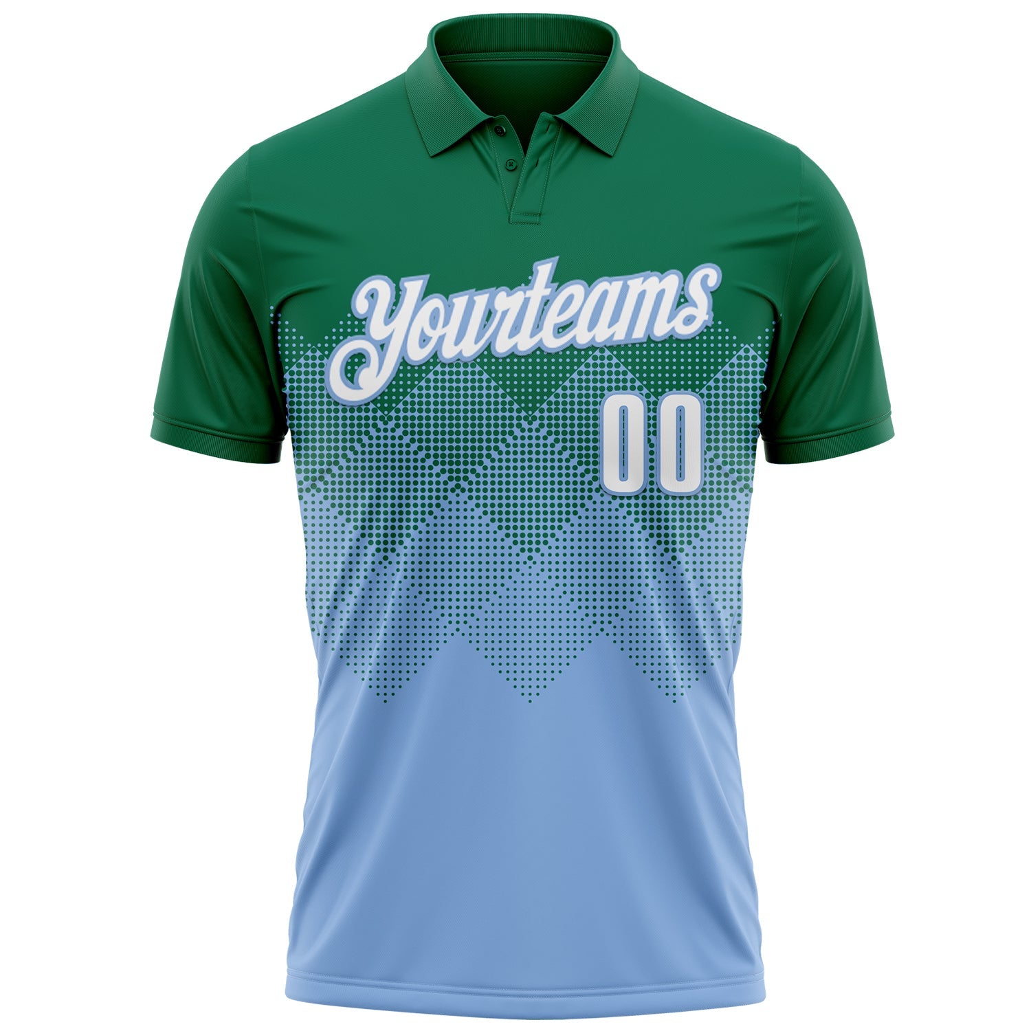 Custom Kelly Green White-Light Blue 3D Gradient Square Shape Performance Polo Shirt