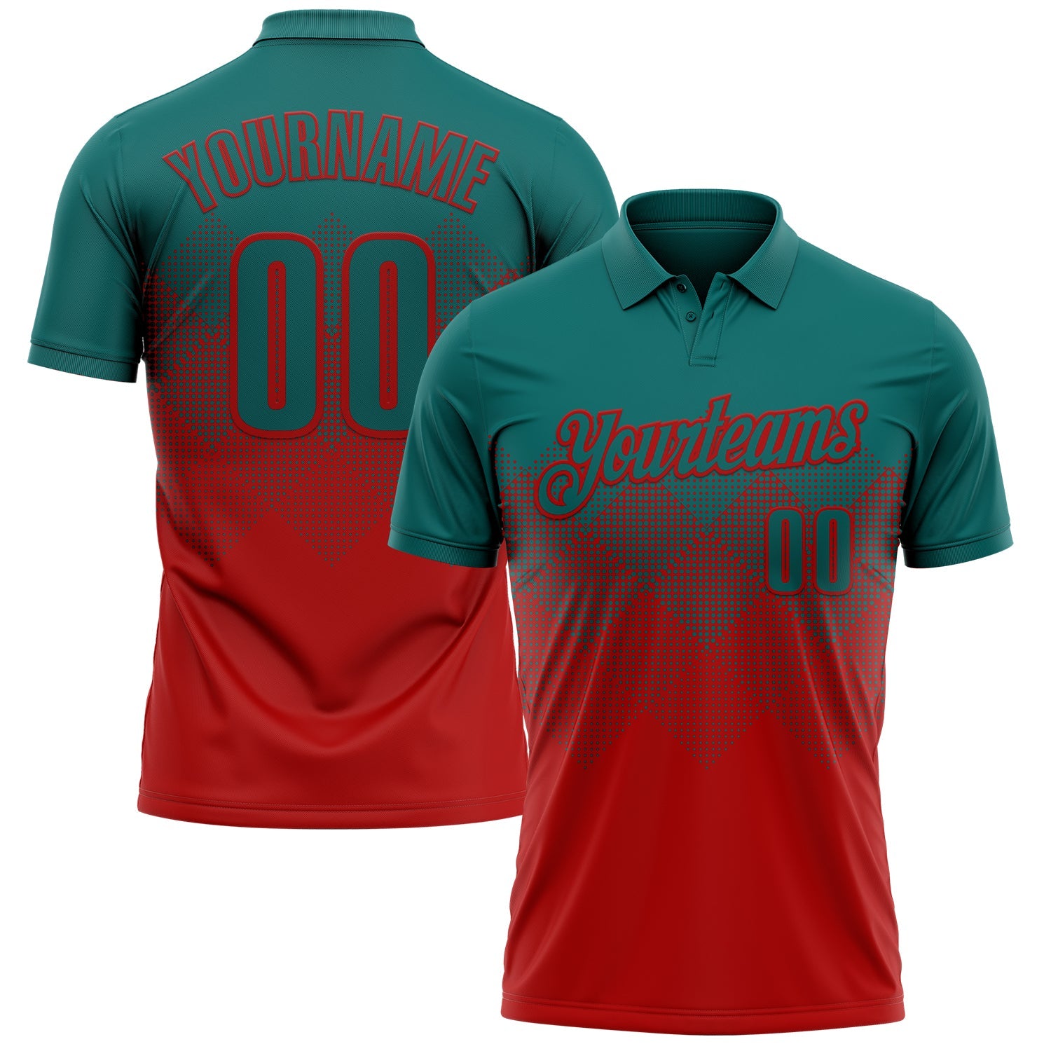 Custom Teal Red 3D Gradient Square Shape Performance Polo Shirt