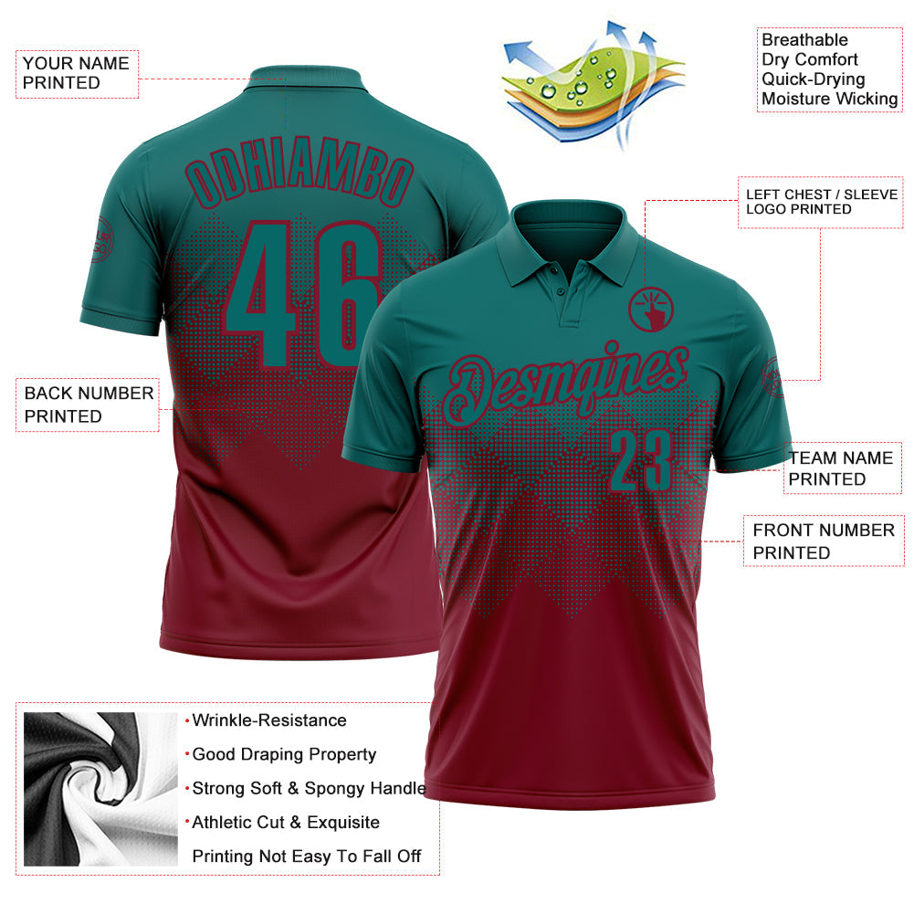 Custom Teal Crimson 3D Gradient Square Shape Performance Polo Shirt