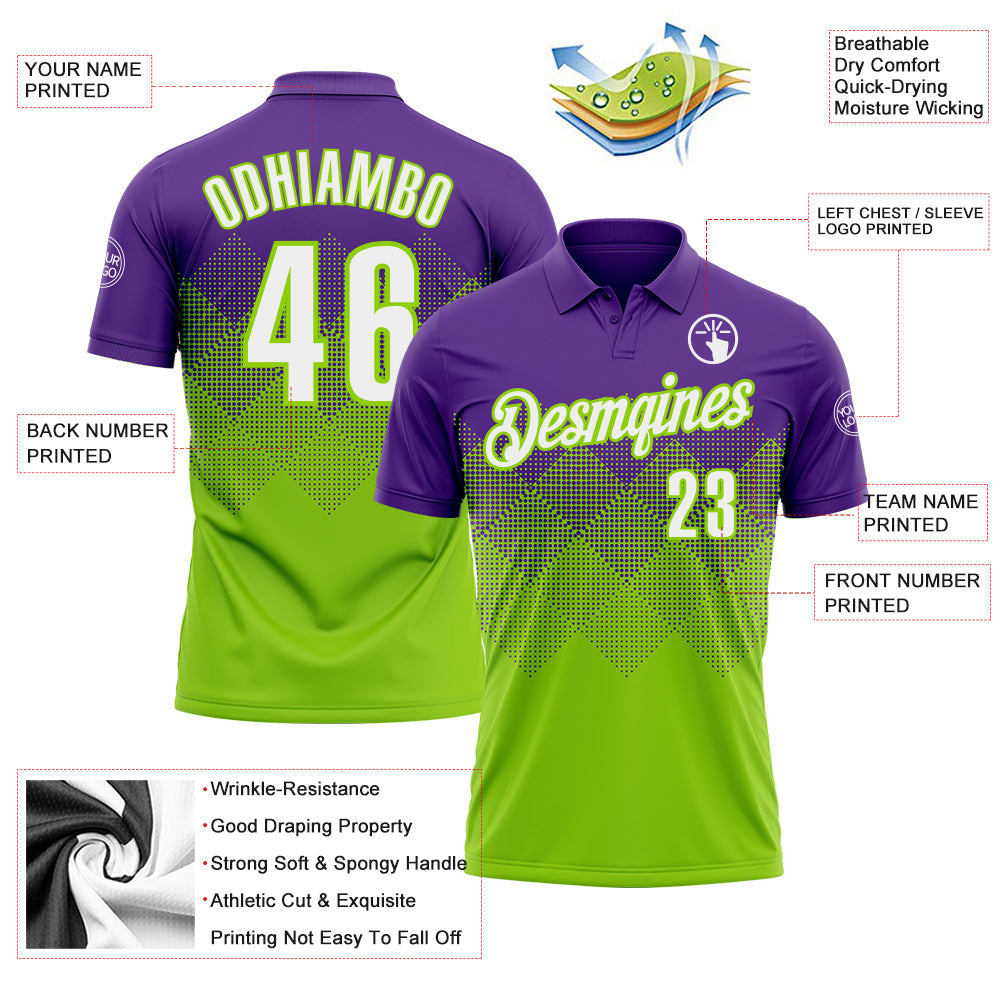 Custom Purple White-Neon Green 3D Gradient Square Shape Performance Polo Shirt