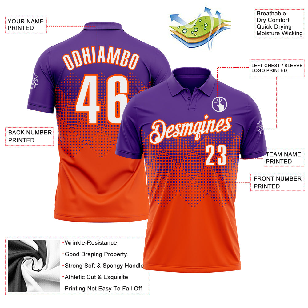 Custom Purple White-Orange 3D Gradient Square Shape Performance Polo Shirt