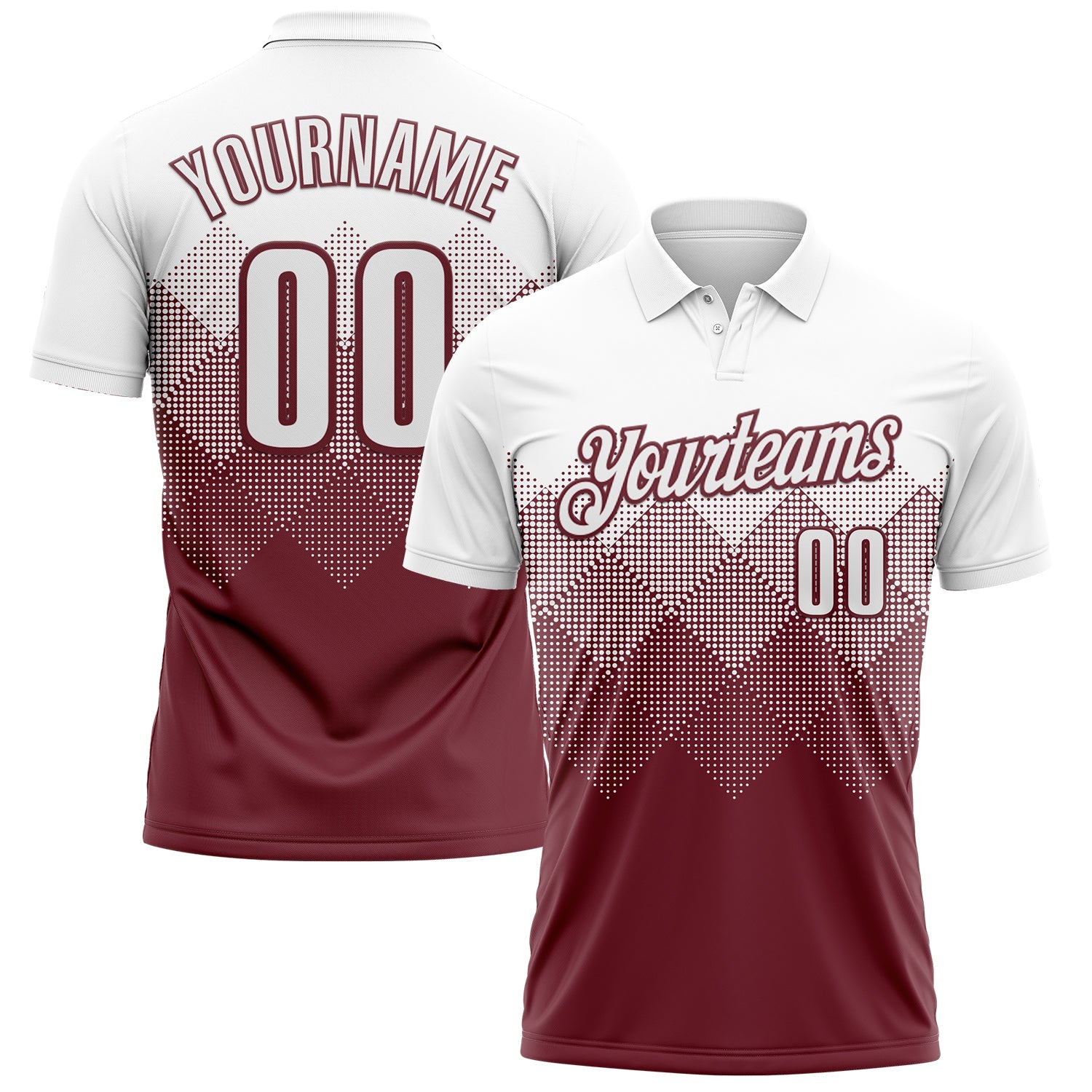 Custom White Burgundy 3D Gradient Square Shape Performance Polo Shirt