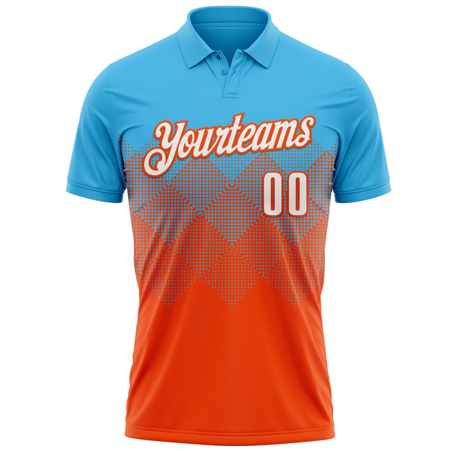Custom Sky Blue White-Orange 3D Gradient Square Shape Performance Polo Shirt