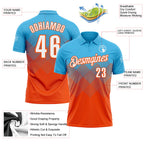 Custom Sky Blue White-Orange 3D Gradient Square Shape Performance Polo Shirt