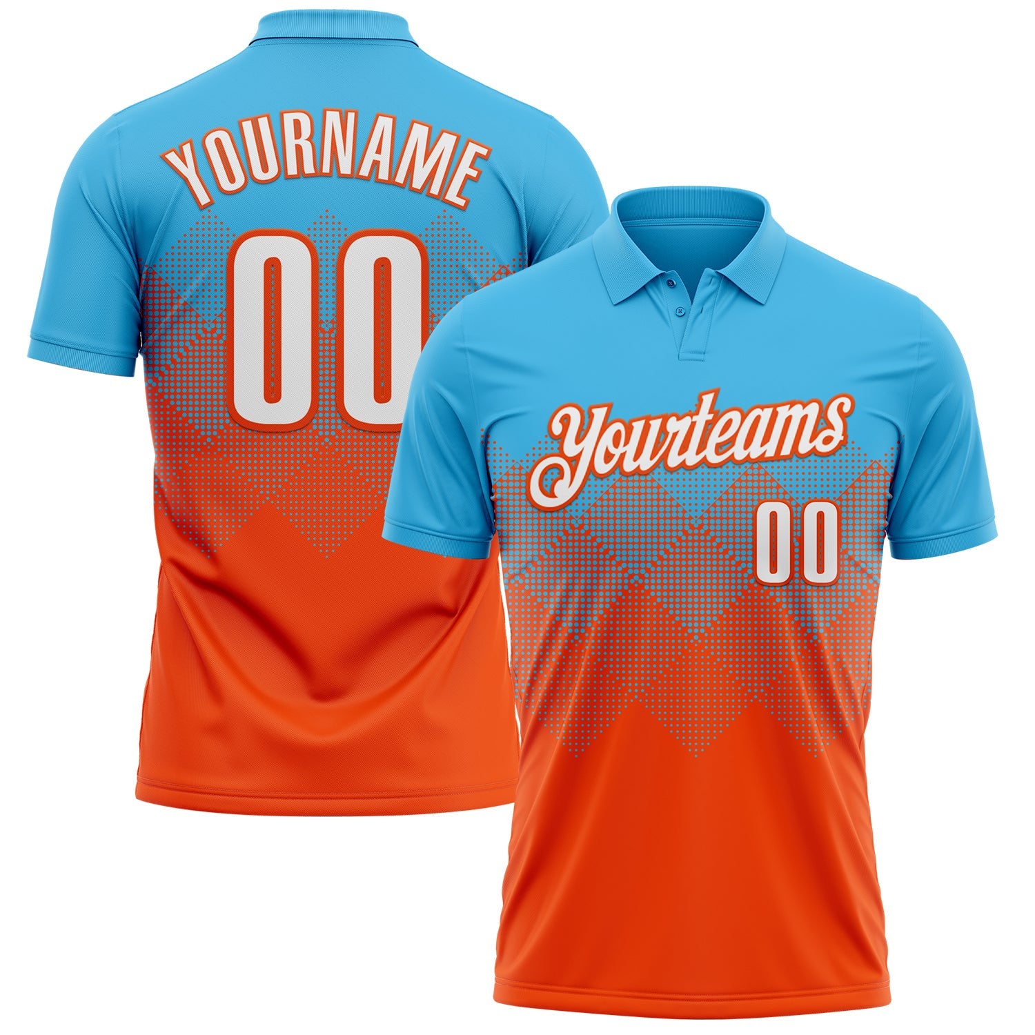 Custom Sky Blue White-Orange 3D Gradient Square Shape Performance Polo Shirt