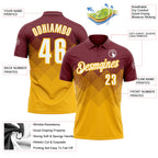 Custom Burgundy White-Gold 3D Gradient Square Shape Performance Polo Shirt