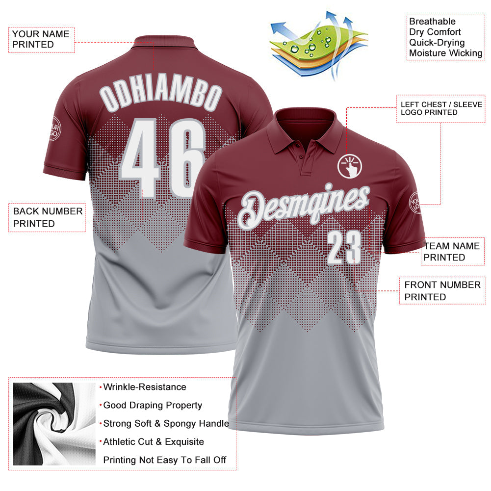 Custom Burgundy White-Gray 3D Gradient Square Shape Performance Polo Shirt
