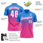 Custom Powder Blue White-Pink 3D Gradient Square Shape Performance Polo Shirt