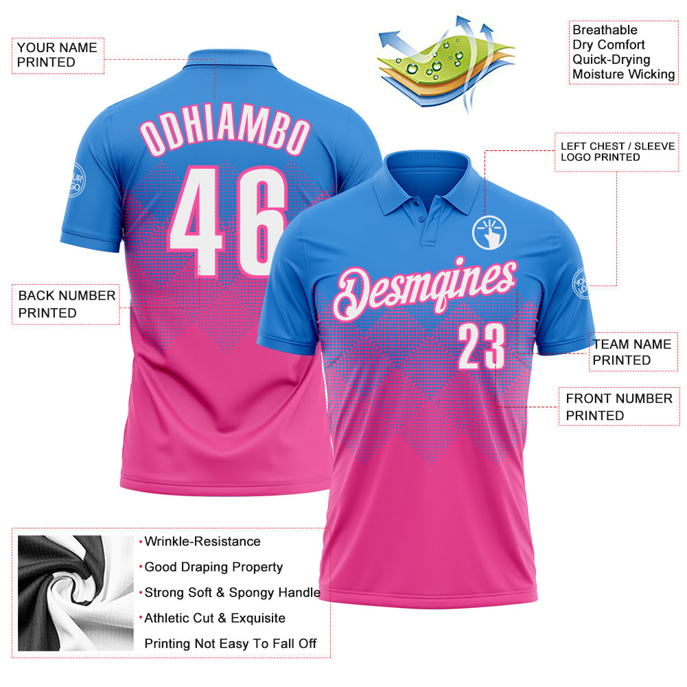 Custom Powder Blue White-Pink 3D Gradient Square Shape Performance Polo Shirt