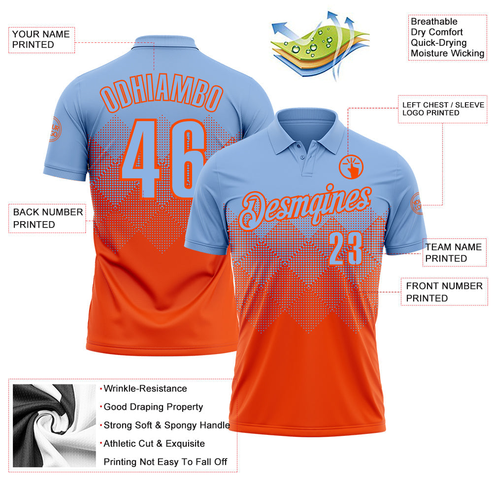 Custom Light Blue Orange 3D Gradient Square Shape Performance Polo Shirt
