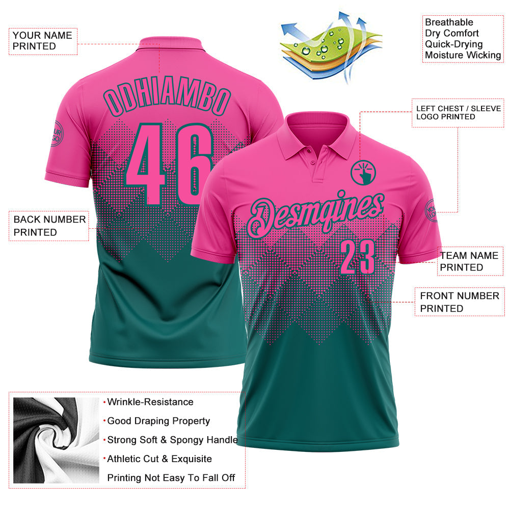 Custom Pink Teal 3D Gradient Square Shape Performance Polo Shirt