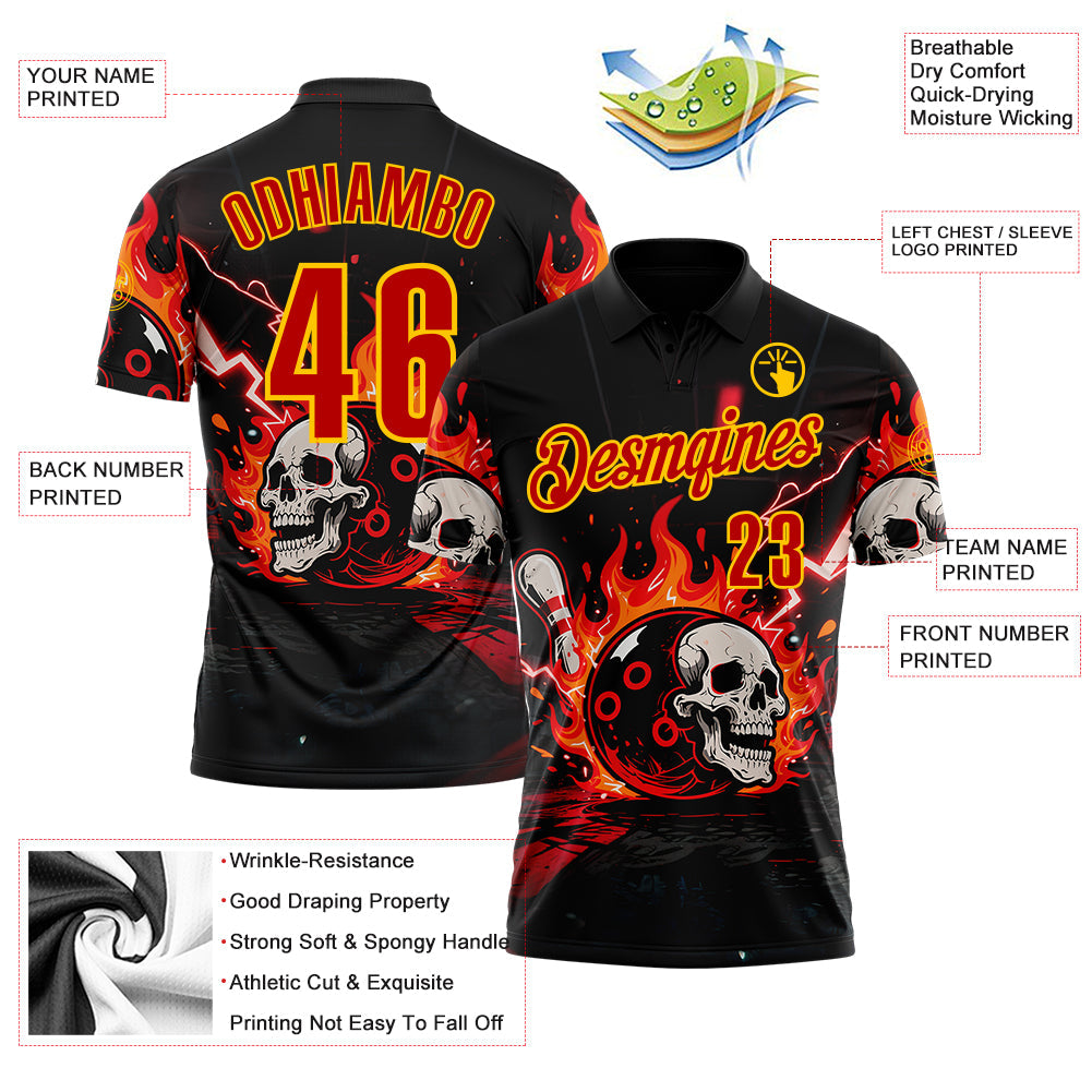 Custom Black Red-Yellow 3D Flame Skull Bowling Performance Polo Shirt