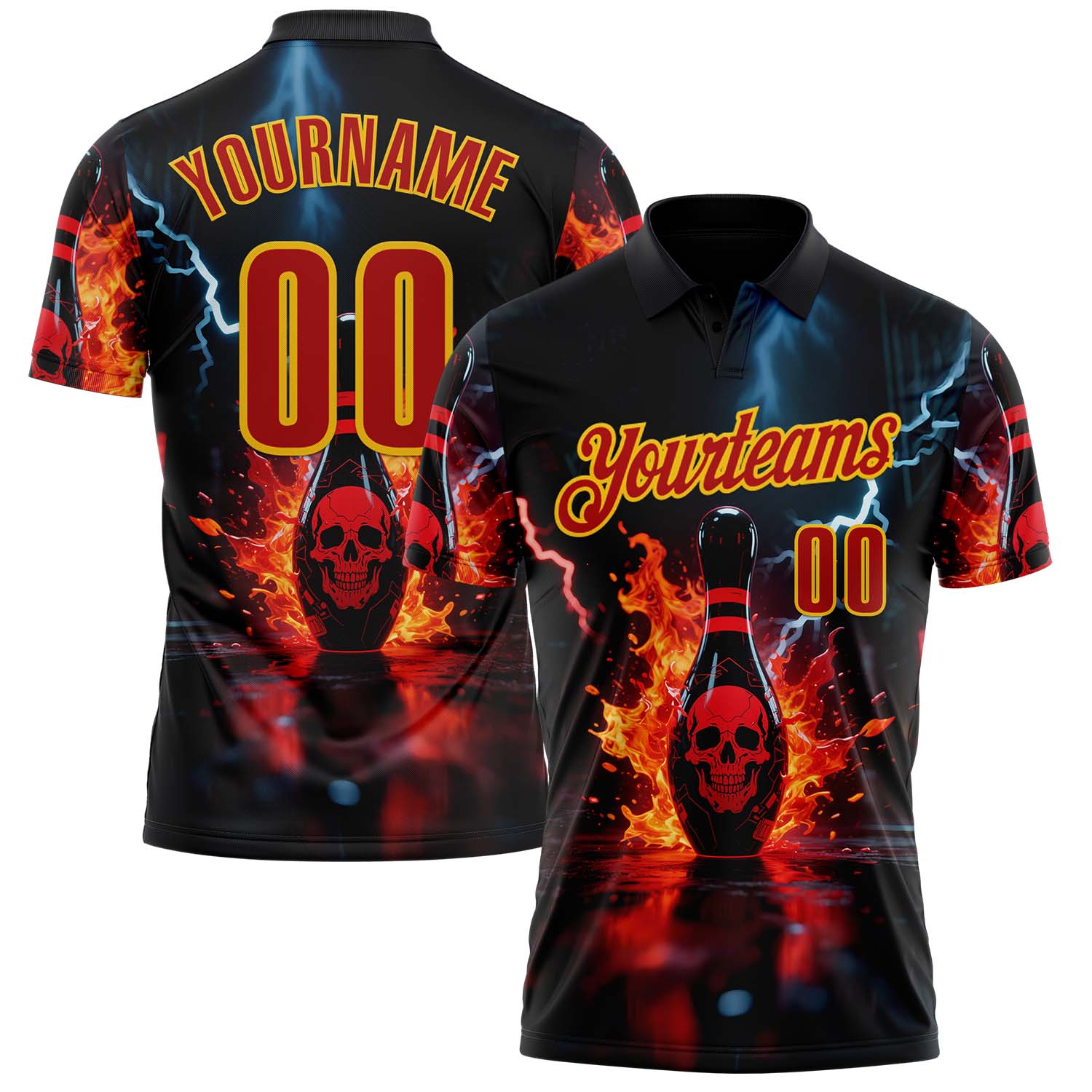 Custom Black Red-Yellow 3D Flame Lightning Skull Bowling Performance Polo Shirt