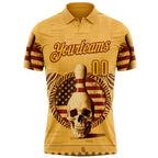 Custom Yellow Gold-Crimson 3D Retro American Flag Skull Bowling Performance Polo Shirt